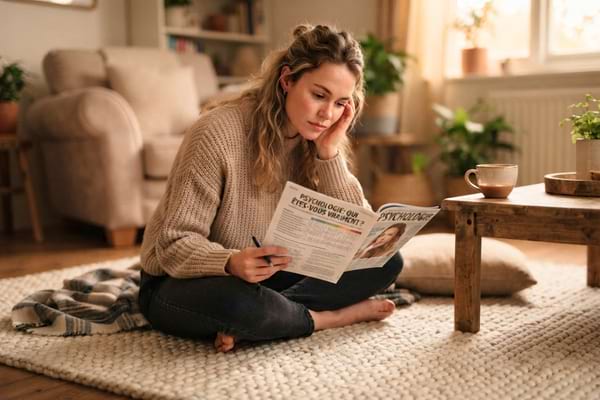 woman sitting on a cozy rug, looking thoughtfully at a personality test in a magazine