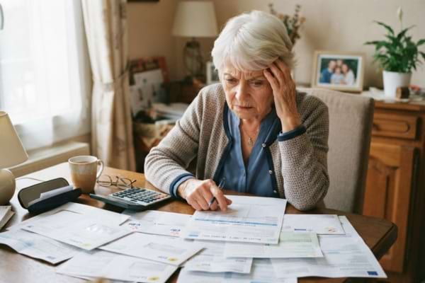 Une femme &acirc;g&eacute;e regarde avec inqui&eacute;tude des documents administratifs