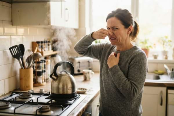 Une personne dans une cuisine lumineuse, le visage légèrement crispé, se bouchant le nez