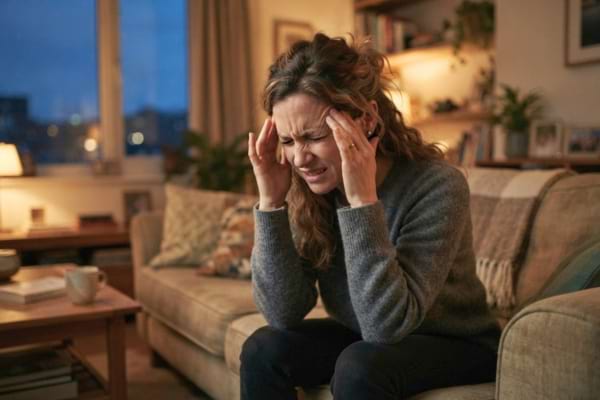 Une femme assise sur un canap&eacute; dans son salon, se massant les tempes avec une expression de douleur