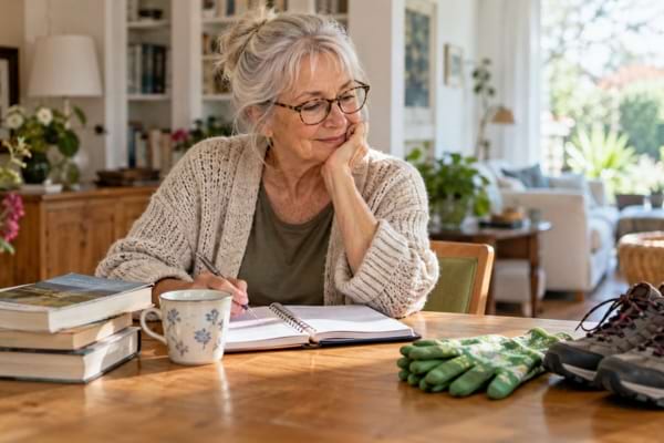 Femme senior organisant sa journ&eacute;e &agrave; son rythme entre lecture, jardinage et promenade.