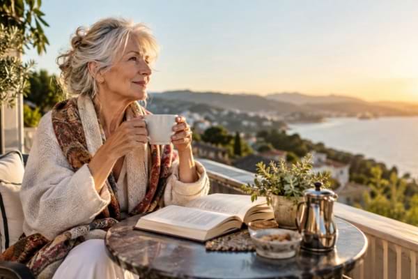Femme de 70 ans savourant un caf&eacute; seule sur une terrasse au lever du soleil.
