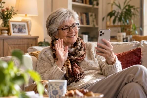 Femme de 70 ans en appel vid&eacute;o chez elle, seule mais entour&eacute;e de liens affectifs.