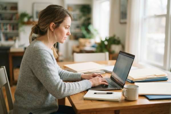 une personne de profil, assise devant un ordinateur portable sur une table
