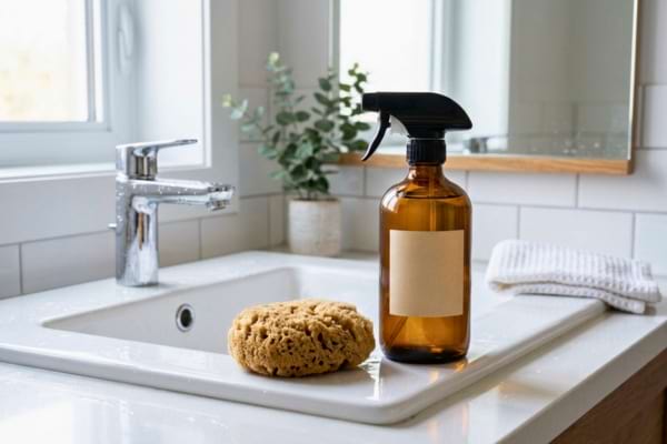 un flacon pulvérisateur en verre ambré posé sur le rebord d'un lavabo