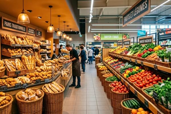 un rayon boulangerie aux tons chauds et un rayon fruits et l&eacute;gumes tr&egrave;s color&eacute;s 