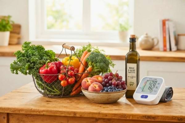 Une table de cuisine lumineuse pr&eacute;sentant un panier de l&eacute;gumes frais, des fruits color&eacute;s,