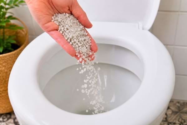 une main versant une poignée de gros sel gris de mer dans une cuvette de toilettes propre