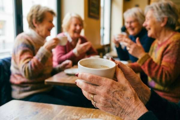 mains ridées d'une femme âgée tenant fermement une tasse de thé vide dans un café