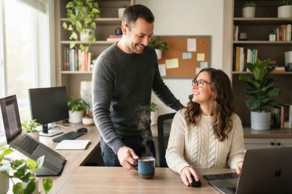 a caring man bringing a steaming mug of coffee to a woman who is working at her home office desk