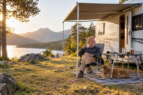 un homme senior détendu, buvant un café devant son camping-car en pleine nature