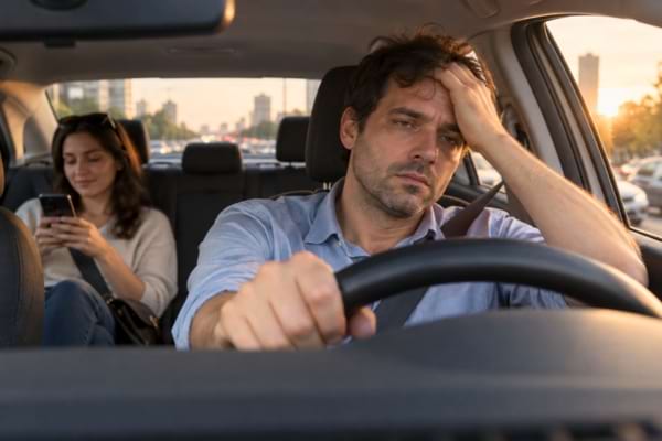 une personne épuisée au volant de sa voiture, faisant le taxi