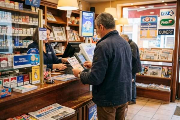 Un homme de dos, habillé simplement, validant un ticket de loterie