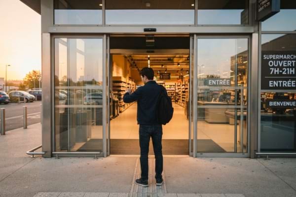 Une personne de dos, regardant sa montre, se tient devant les portes automatiques vitrées d'un supermarché