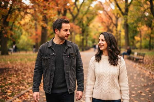 a couple walking in an autumn park, the man is looking directly at the woman, listening intently