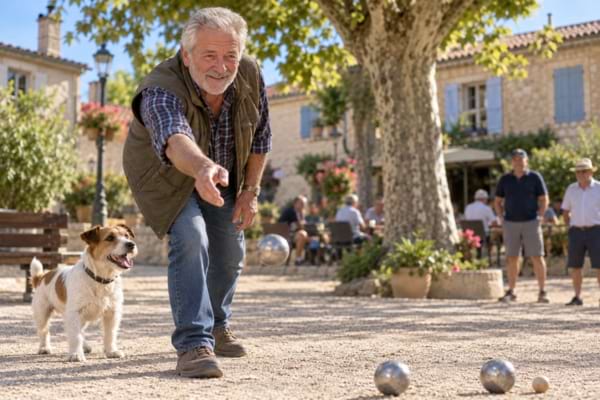 un homme de 69 ans jouant à la pétanque sur une place de village ensoleillée