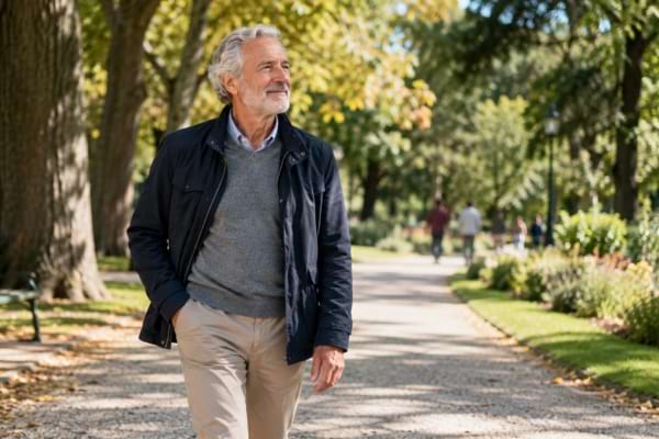 Homme de 70 ans marchant seul et sereinement dans un parc ensoleill&eacute;.