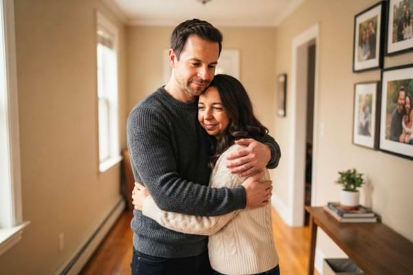 a man giving his partner a reassuring, familiar hug in a home hallway