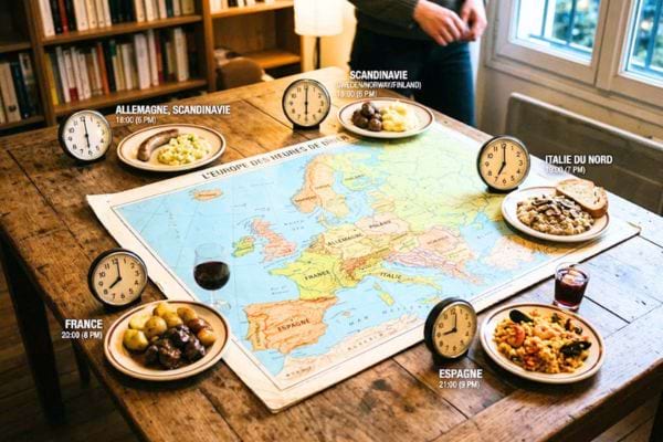 carte des horaires de diner selon les pays d'Europe