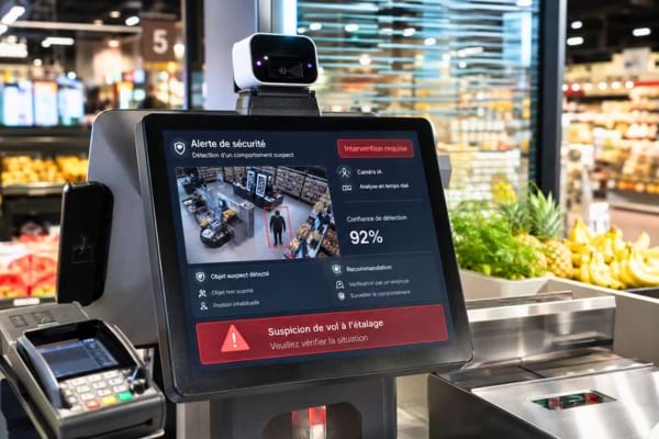 Écran tactile moderne d'une caisse automatique affichant une interface par intelligence artificielle