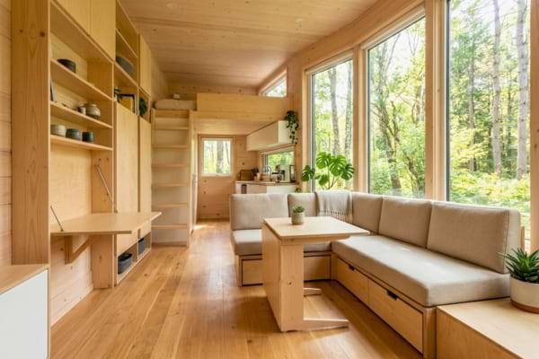 'un intérieur de petite maison modulaire, espace de vie optimisé et lumineux avec des meubles multifonctions
