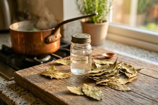 dried bay leaves scattered elegantly next to a small glass of white vinegar