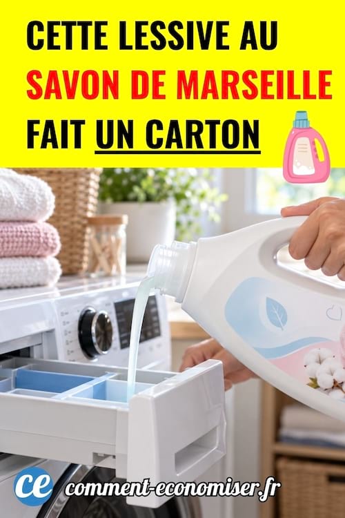 Une femme verse de la lessive au savon de Marseille dans un bac de machine à laver