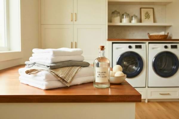 une pile de linge fraîchement plié sur un plan de travail en bois