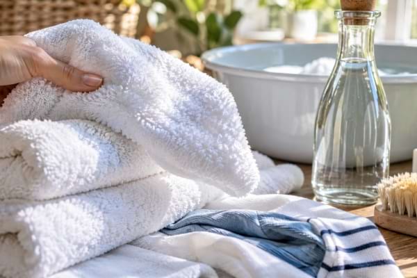 Serviettes blanches propres et moelleuses près d’une bouteille de vinaigre blanc.