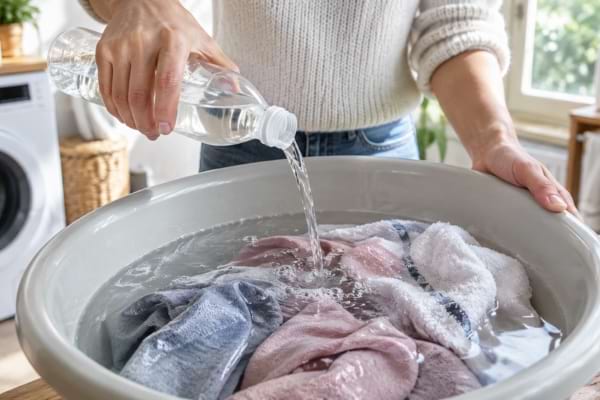 Vinaigre blanc versé dans une bassine d’eau contenant du linge à faire tremper.