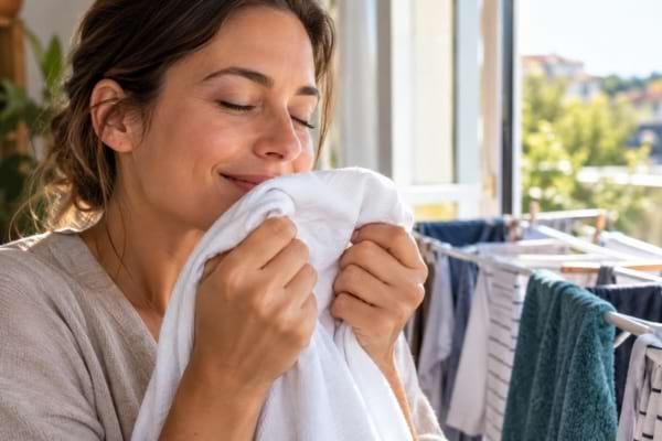 Femme respirant l’odeur fraîche d’un linge propre près d’un étendoir.