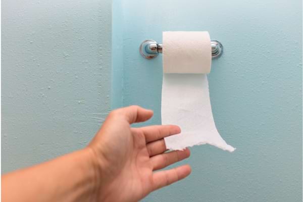 Une main tire du papier toilette par le bas
