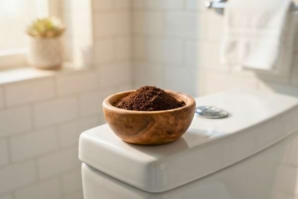 a small wooden bowl filled with fresh dark coffee grounds placed on the edge of a white ceramic toilet