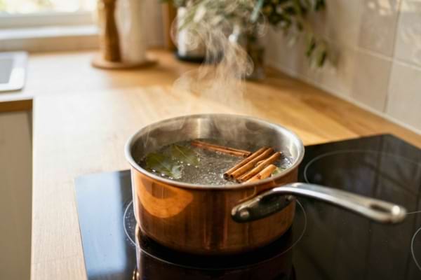 ne petite casserole en cuivre ou en inox sur une plaque de cuisson