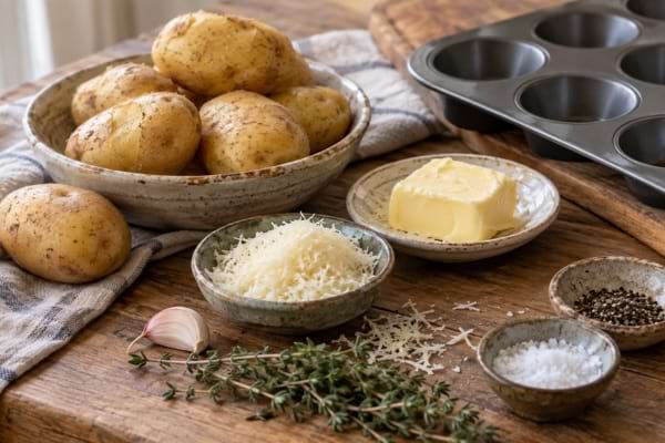 Pommes de terre, beurre, parmesan, ail, thym, sel et poivre prêts pour la recette.