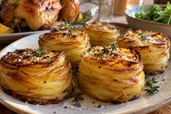 Millefeuilles de pommes de terre dorés servis avec poulet rôti et salade verte.