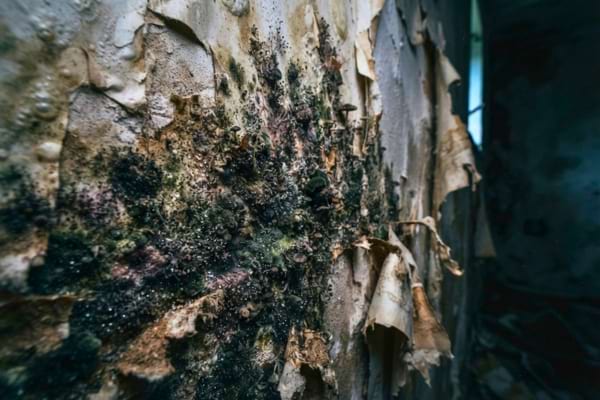 moisissures sombres proliférant sur un vieux mur de papier peint écaillé