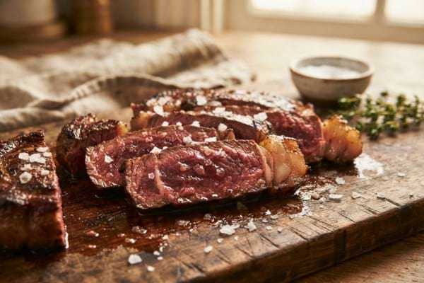 Tranches de bœuf saignantes et extrêmement juteuses disposées sur une planche à découper