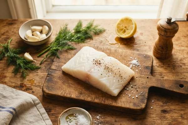 un beau filet de poisson blanc cru sur une planche à découper