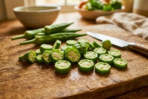 gombos frais d'un vert éclatant, coupés en rondelles sur une planche à découper