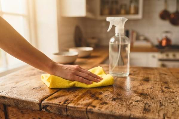 Une personne essuyant délicatement une belle table en bois avec un chiffon en microfibres jaune
