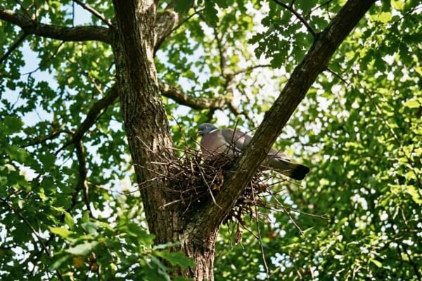 un nid de pigeon ramier très simple, fait de quelques brindilles entremêlées