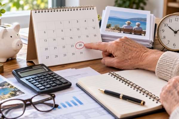 Main d’un senior pointant une date sur un calendrier pour préparer son départ à la retraite.