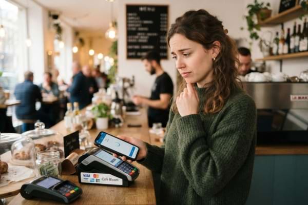 une personne à l'air hésitant tenant un smartphone près d'un terminal de paiement