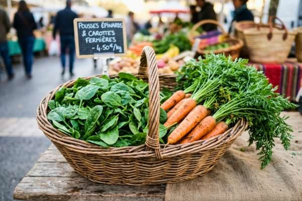 un panier en osier rempli de jeunes pousses d'épinards frais et de carottes croquantes