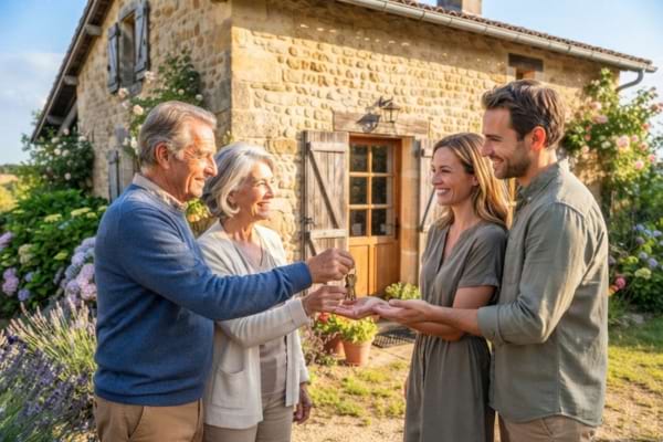 Un couple de seniors souriants remet un trousseau de cl&eacute;s &agrave; leurs enfants adultes devant la porte d'une jolie maison