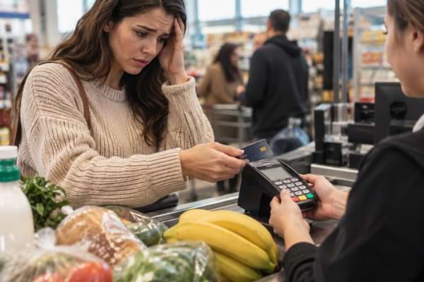 Cliente inquiète payant ses courses avec une carte de crédit au supermarché.