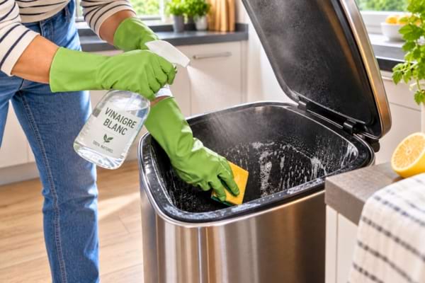 Une personne nettoyant l'int&eacute;rieur d'une poubelle de cuisine avec une &eacute;ponge