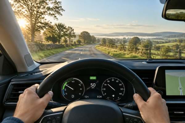 conducteur d'une voiture, montrant des mains posées souplement sur le volant