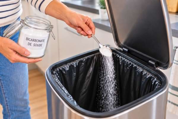 Une personne verse du bicarbonate de soude dans la poubelle